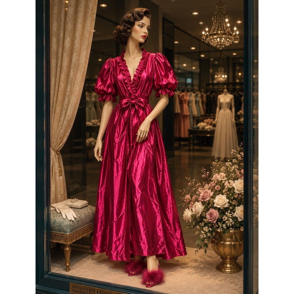 Vintage Val Mode Hot Pink Nylon Satin Robe Peignoir Puff Sleeve Ruffle Long